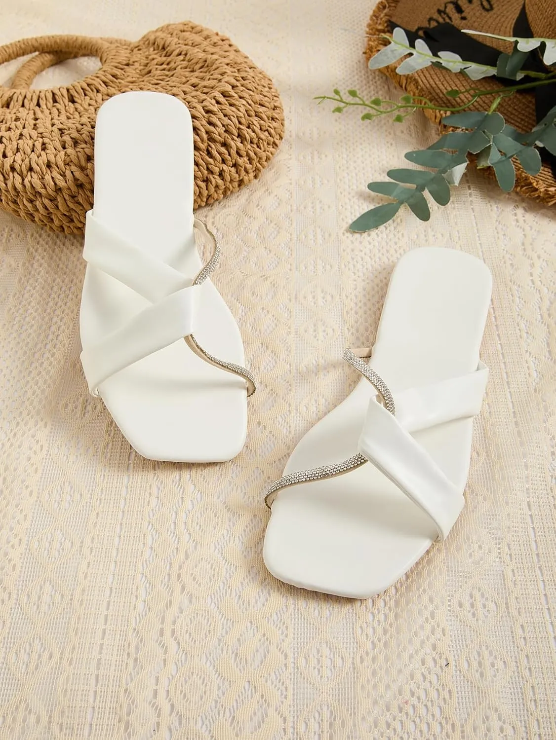 GORGLITTER Women's Rhinestone Cross Strap Flat Dress Strappy Sandals Cute Open Toe Slip On Slide
