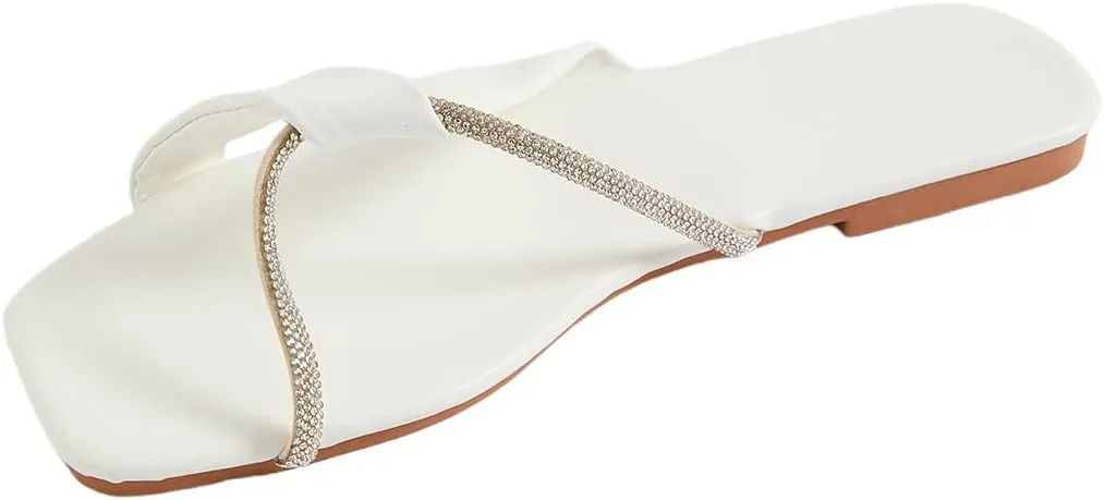 GORGLITTER Women's Rhinestone Cross Strap Flat Dress Strappy Sandals Cute Open Toe Slip On Slide