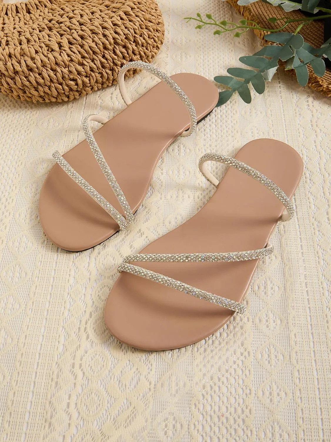 GORGLITTER Women's Rhinestone Strappy Sandals Dress Open Toe Flat Slip on Slide Sandal