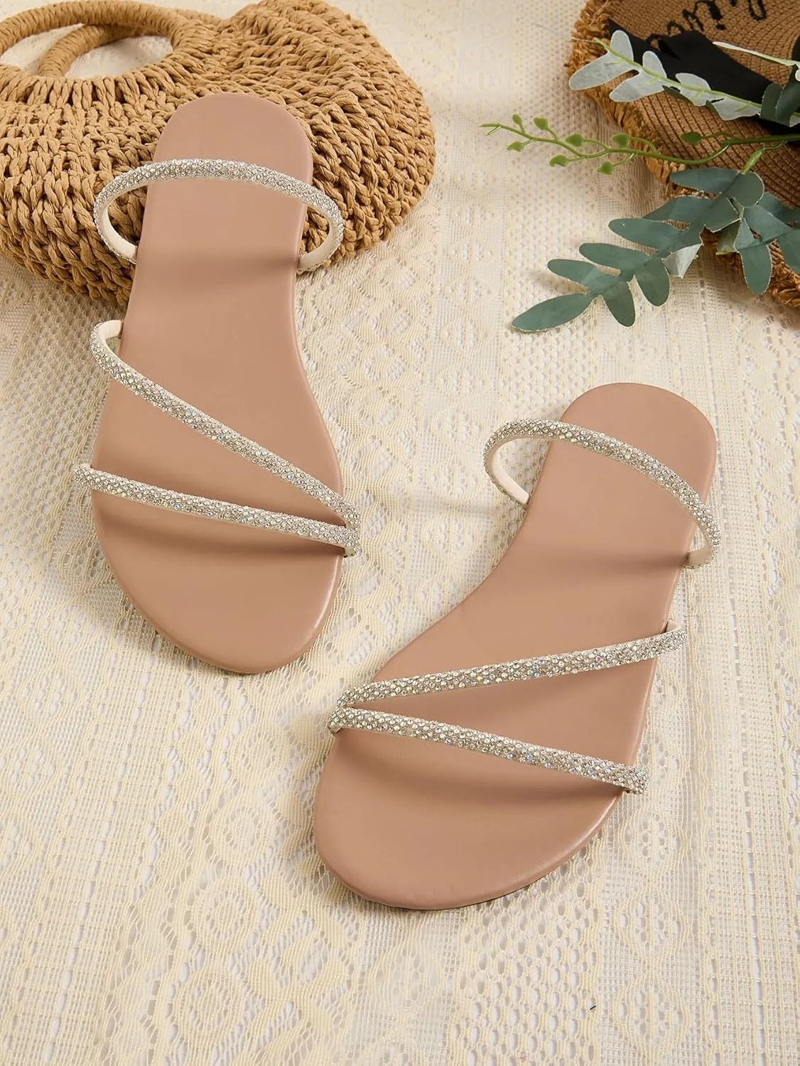GORGLITTER Women's Rhinestone Strappy Sandals Dress Open Toe Flat Slip on Slide Sandal