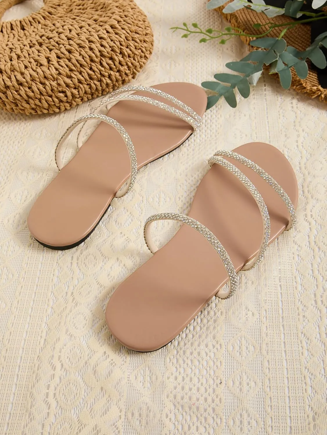 GORGLITTER Women's Rhinestone Strappy Sandals Dress Open Toe Flat Slip on Slide Sandal