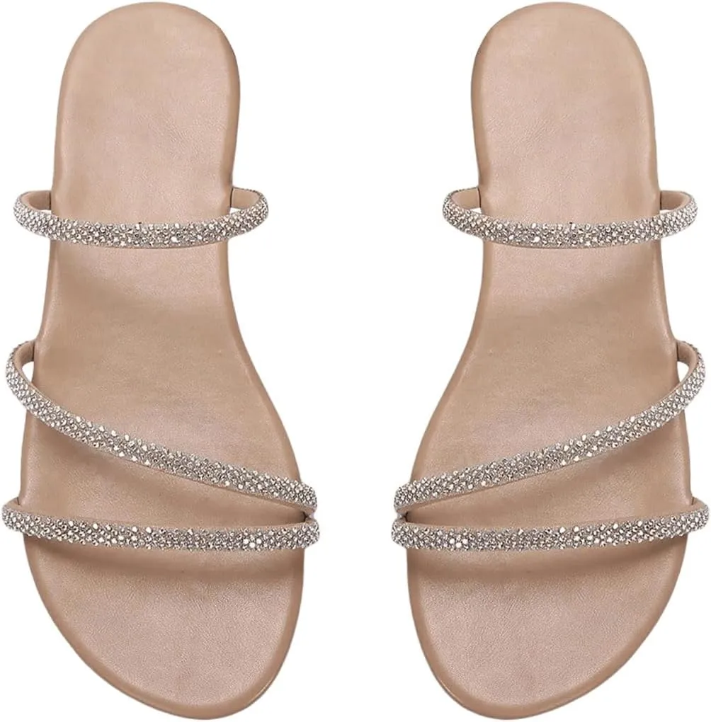 GORGLITTER Women's Rhinestone Strappy Sandals Dress Open Toe Flat Slip on Slide Sandal