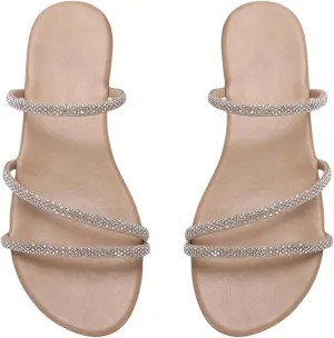 GORGLITTER Women's Rhinestone Strappy Sandals Dress Open Toe Flat Slip on Slide Sandal