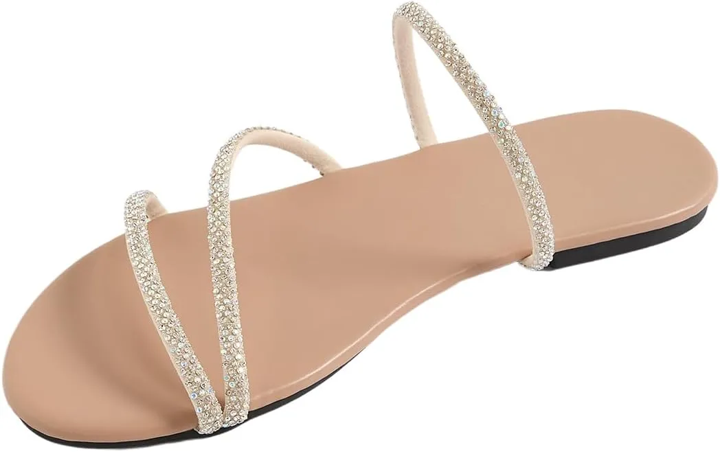 GORGLITTER Women's Rhinestone Strappy Sandals Dress Open Toe Flat Slip on Slide Sandal