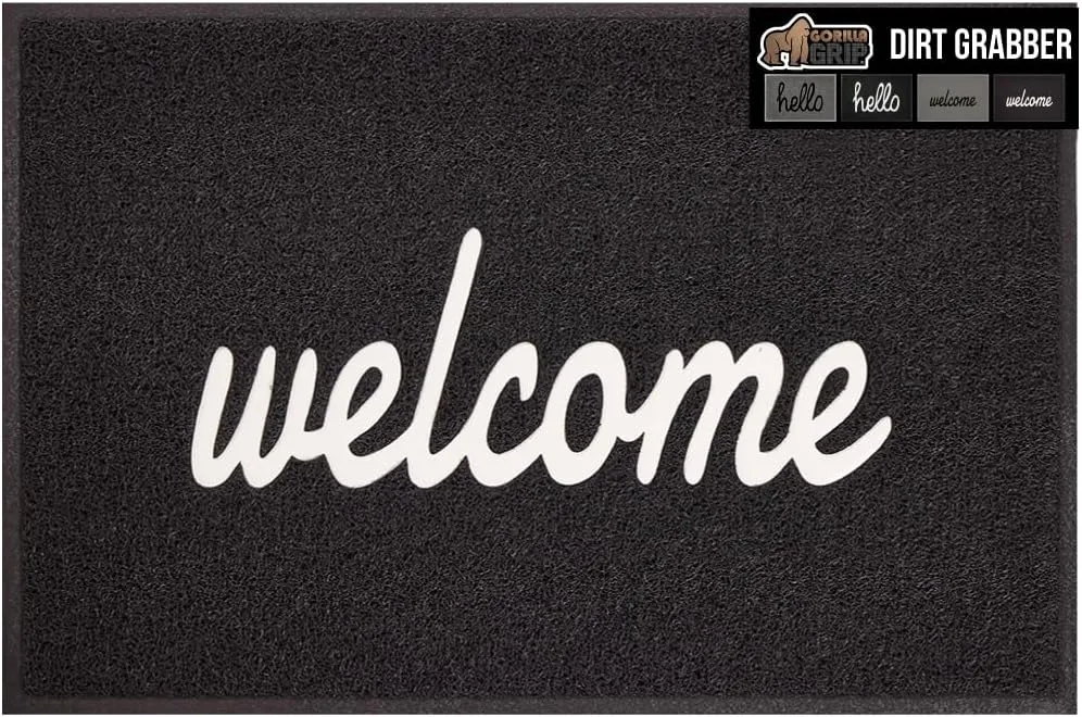 GORILLA GRIP 100% Water Resistant 47x35 All Weather Hello Door Mat, Dirt Grabber Mesh Welcome Doormat, Stain and Fade Resistant, Low Profile Entryway Mats for Home Front or Back Entrance, Black/White