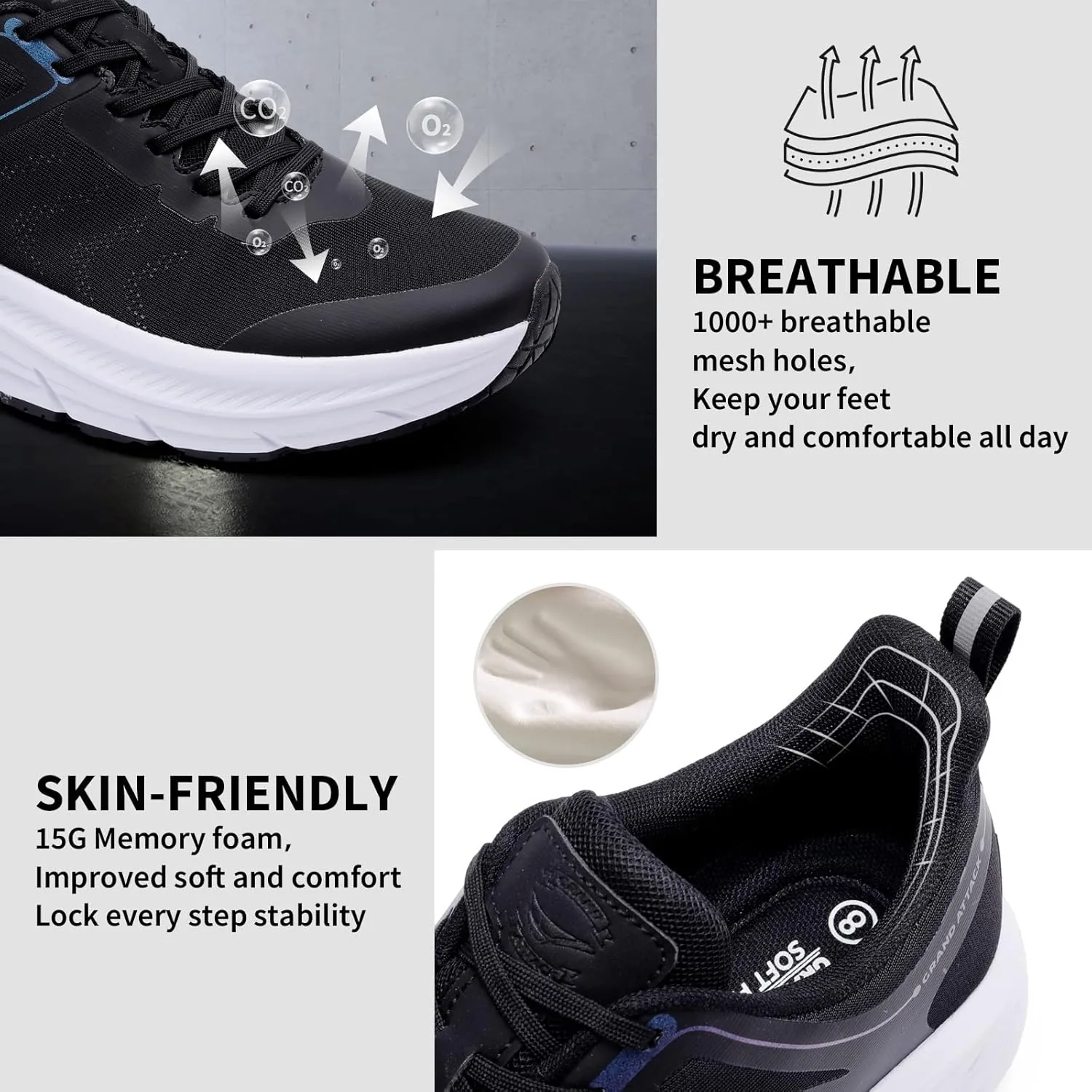 Grand Attack Men's Road Running Walking Shoes | Max Cushioned Comfort | Durable Non-Slip | Breathable Athletic Tennis Cross-Training Sneakers