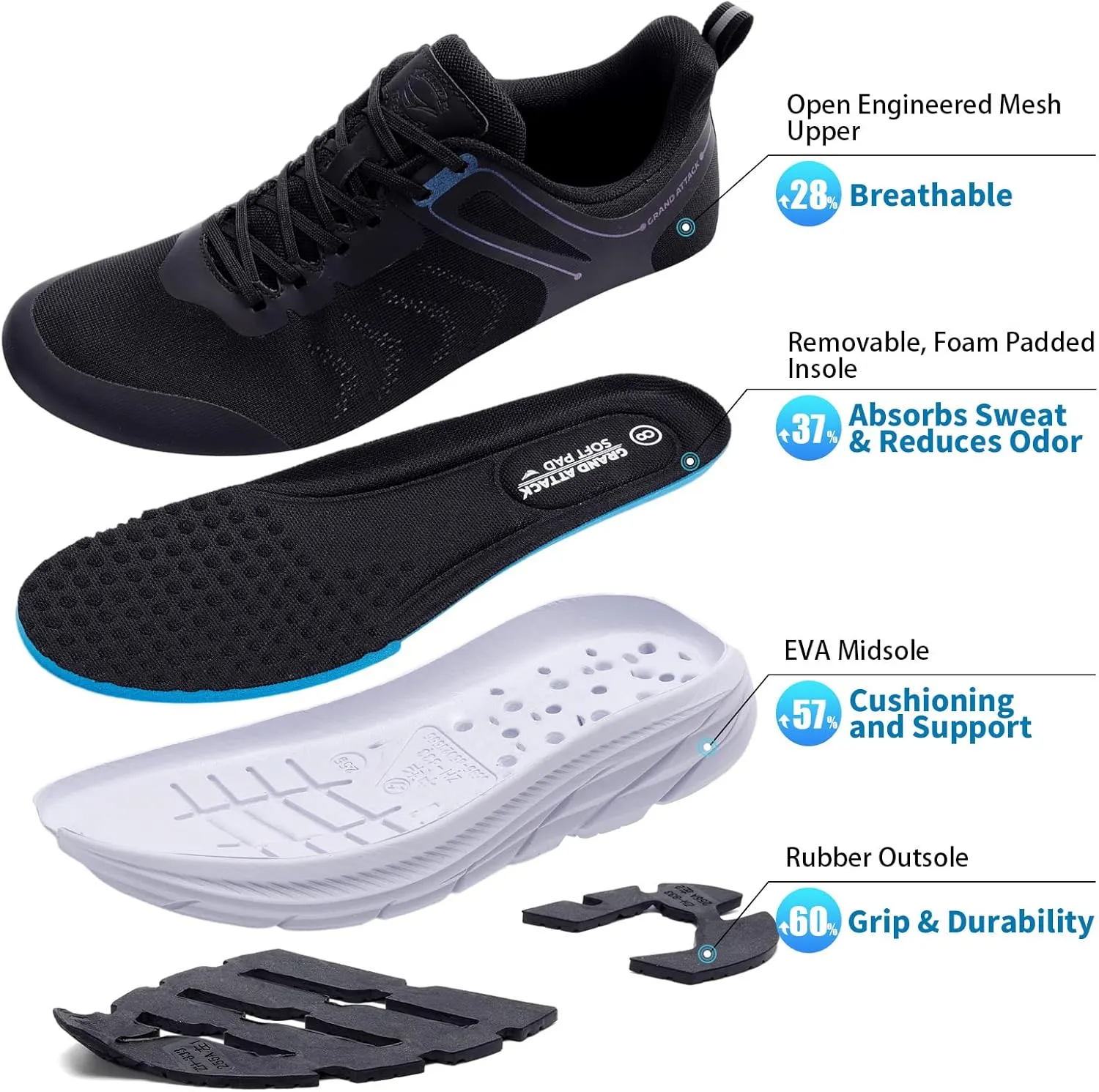 Grand Attack Men's Road Running Walking Shoes | Max Cushioned Comfort | Durable Non-Slip | Breathable Athletic Tennis Cross-Training Sneakers