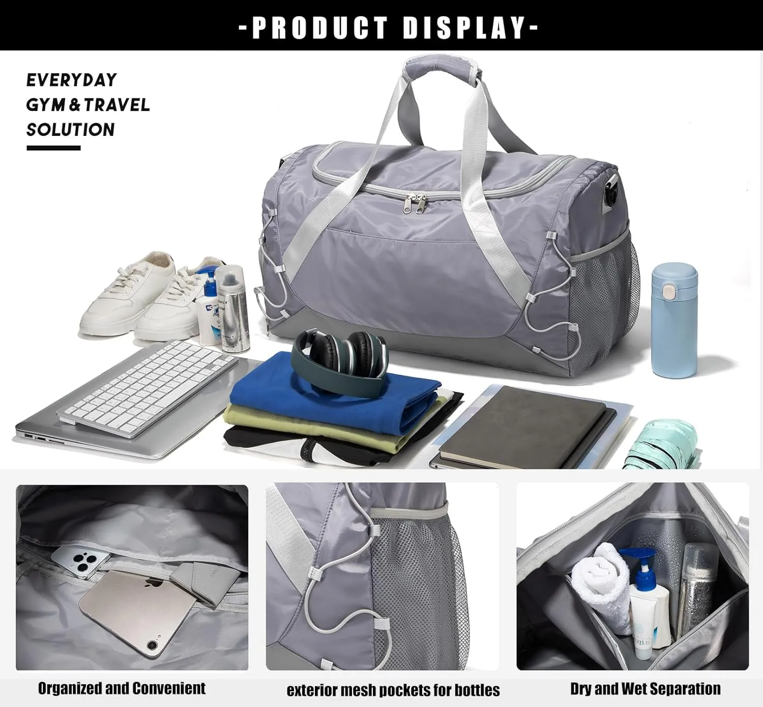 Gym Bag for Women Men Duffle Bag for Travel with Shoes Compartment and Wet Pocket Small Carry on Weekender Bags for Sports Overnight Fitness Yoga Dance Workout Swimming Hospital Tote (Grey)