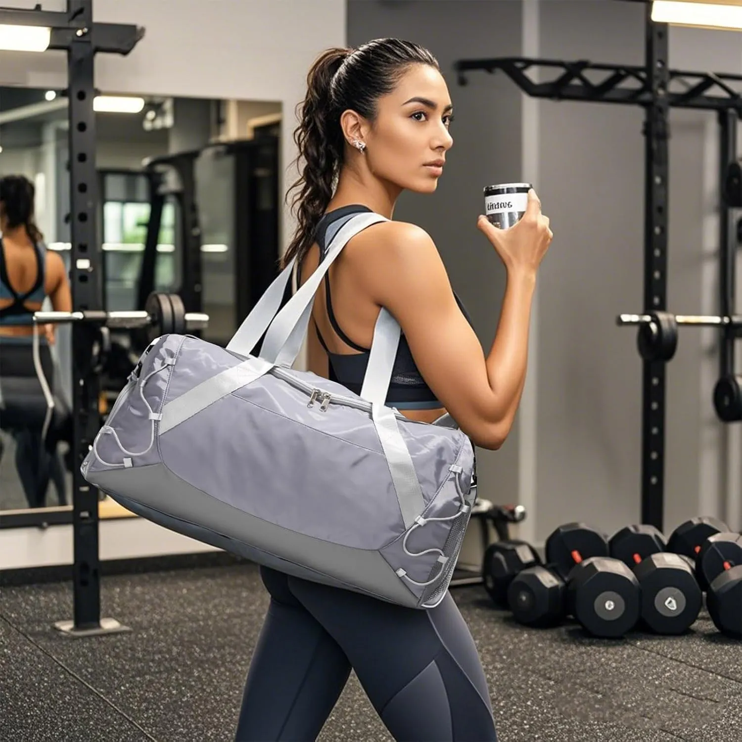 Gym Bag for Women Men Duffle Bag for Travel with Shoes Compartment and Wet Pocket Small Carry on Weekender Bags for Sports Overnight Fitness Yoga Dance Workout Swimming Hospital Tote (Grey)