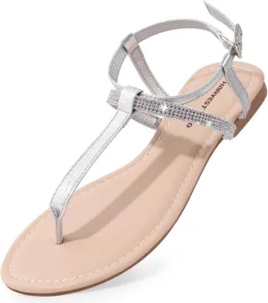 Harvest Land Women's Sandals Dressy T Strap with Rhinestone Sparkly Wedding Flat Sandals Ankle Strap Summer Gladiator Fashion Shoes