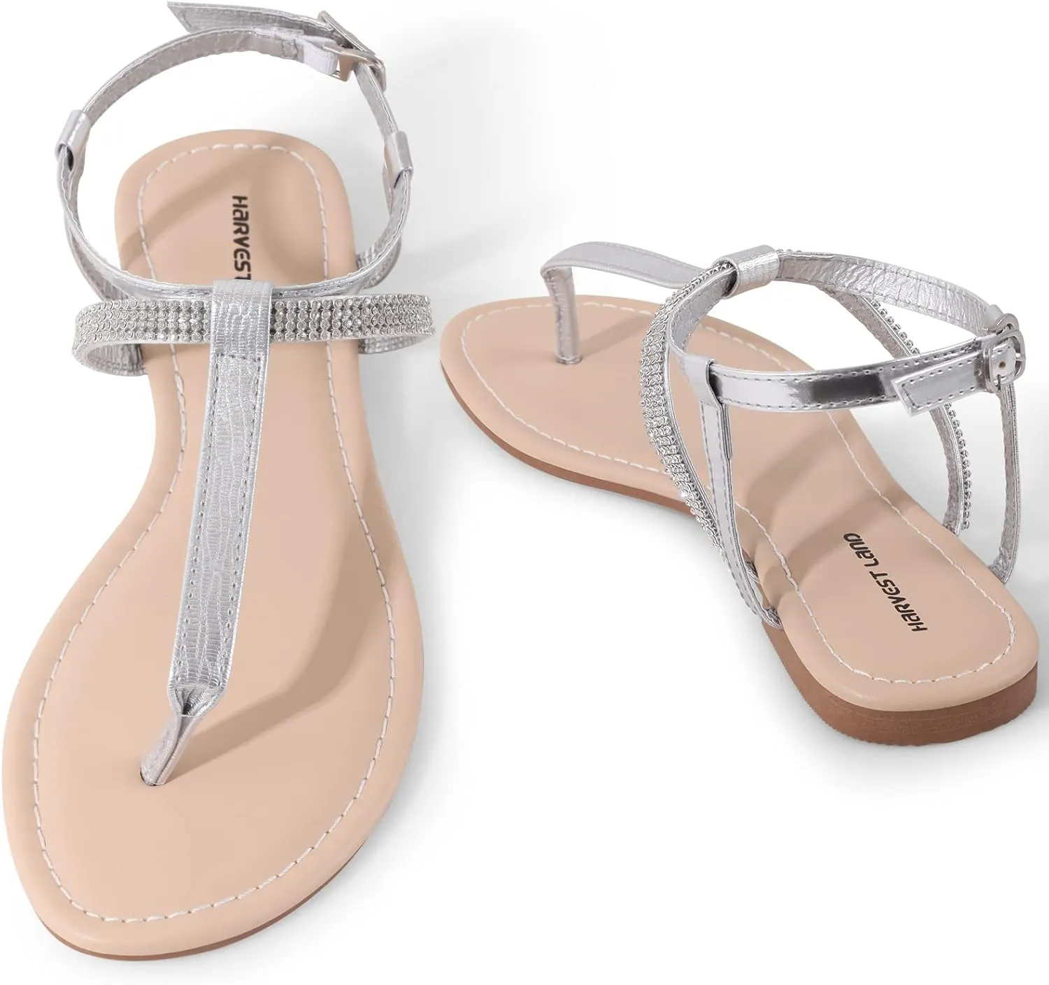 Harvest Land Women's Sandals Dressy T Strap with Rhinestone Sparkly Wedding Flat Sandals Ankle Strap Summer Gladiator Fashion Shoes