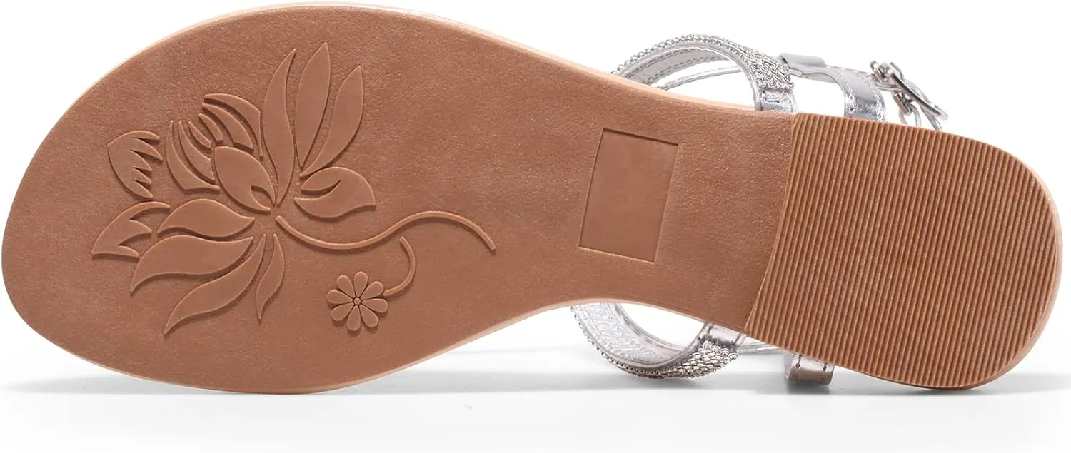 Harvest Land Women's Sandals Dressy T Strap with Rhinestone Sparkly Wedding Flat Sandals Ankle Strap Summer Gladiator Fashion Shoes