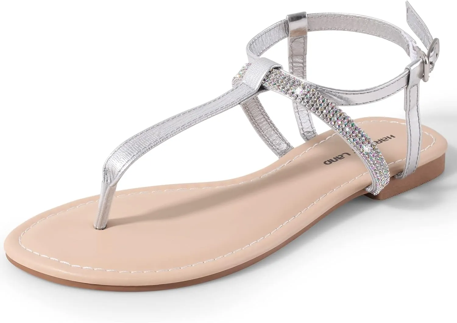 Harvest Land Women's Sandals Dressy T Strap with Rhinestone Sparkly Wedding Flat Sandals Ankle Strap Summer Gladiator Fashion Shoes