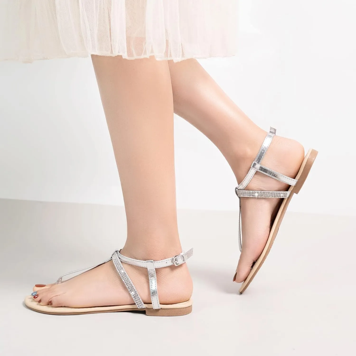 Harvest Land Women's Sandals Dressy T Strap with Rhinestone Sparkly Wedding Flat Sandals Ankle Strap Summer Gladiator Fashion Shoes