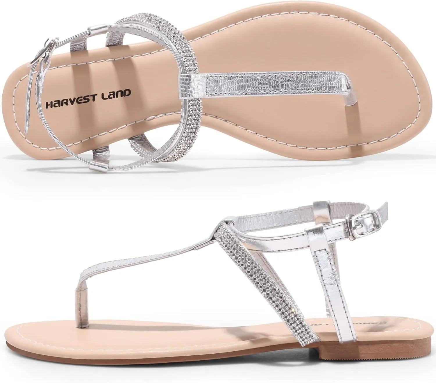 Harvest Land Women's Sandals Dressy T Strap with Rhinestone Sparkly Wedding Flat Sandals Ankle Strap Summer Gladiator Fashion Shoes