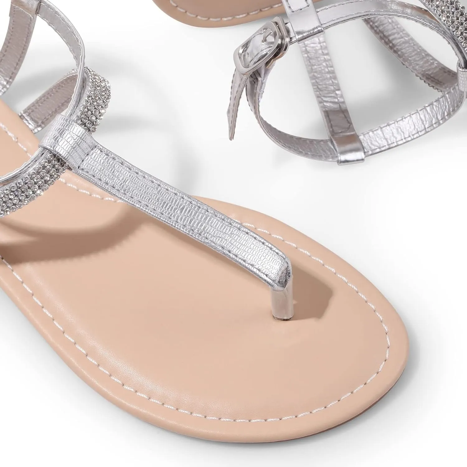 Harvest Land Women's Sandals Dressy T Strap with Rhinestone Sparkly Wedding Flat Sandals Ankle Strap Summer Gladiator Fashion Shoes