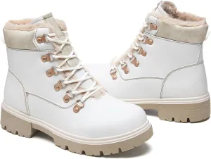 HEAWISH Women Winter Snow Boots with Fur Lined,Black Low heels Combat Ankle Boots,Non Slip Leather Ankle Boots for Women