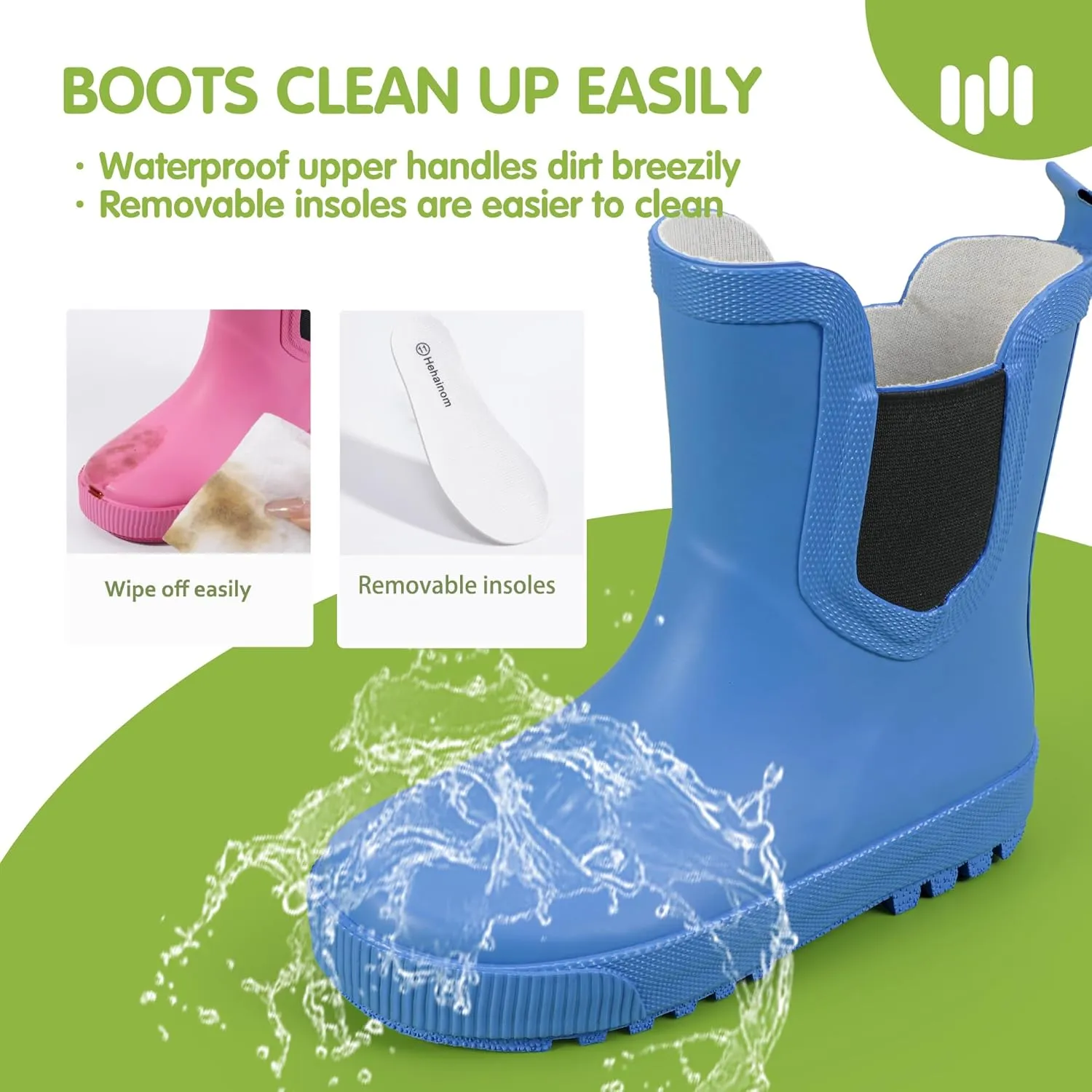 Hehainom Toddler Kids Rain Boots for Girls Boys Waterproof Rainboots Easy-on Light Weight Chelsea Rain Shoes