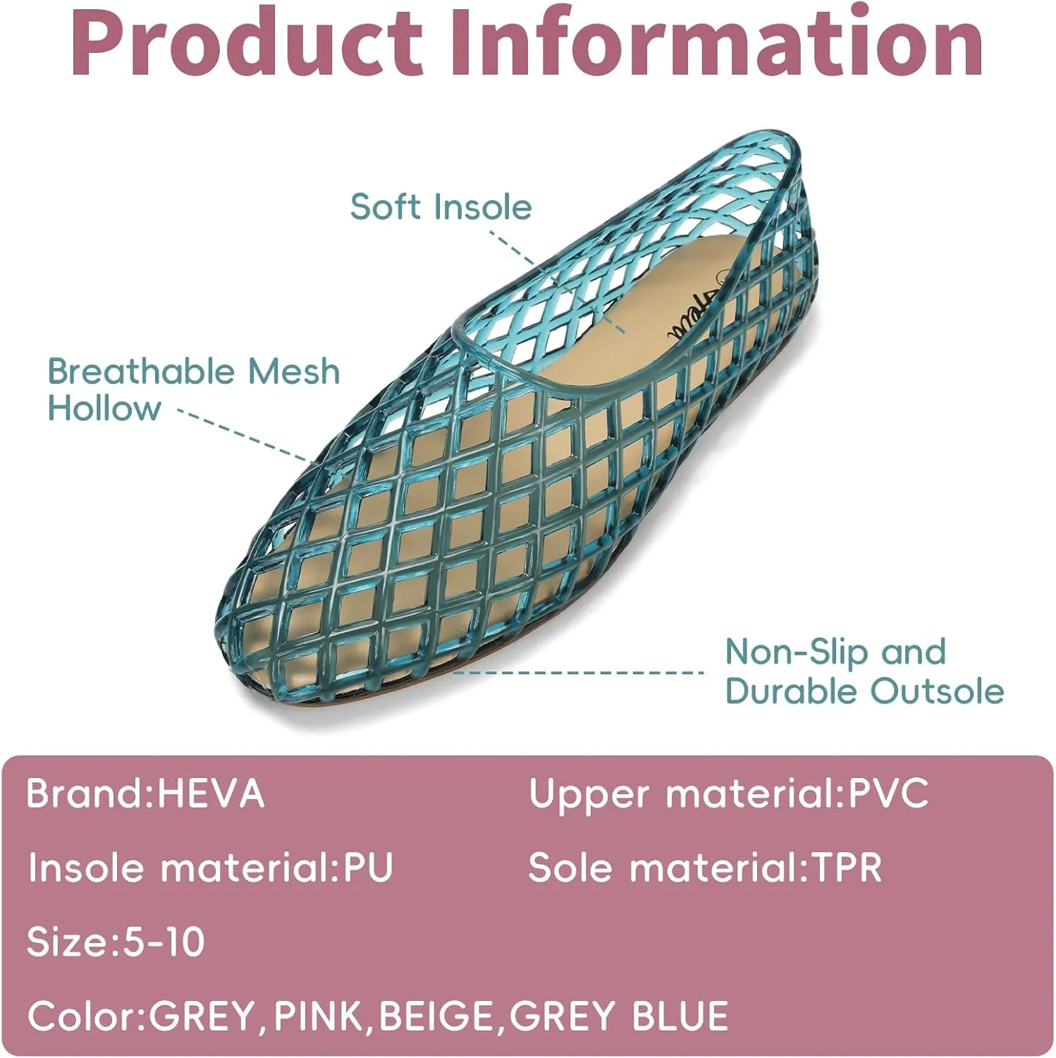 HEVA Women's Jelly Mesh Flats Breathable Clear Hollow Shoes Summer Beach Jellies Ballet Sandals
