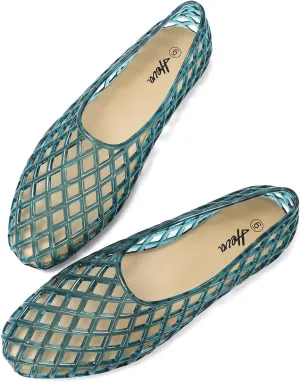 HEVA Women's Jelly Mesh Flats Breathable Clear Hollow Shoes Summer Beach Jellies Ballet Sandals