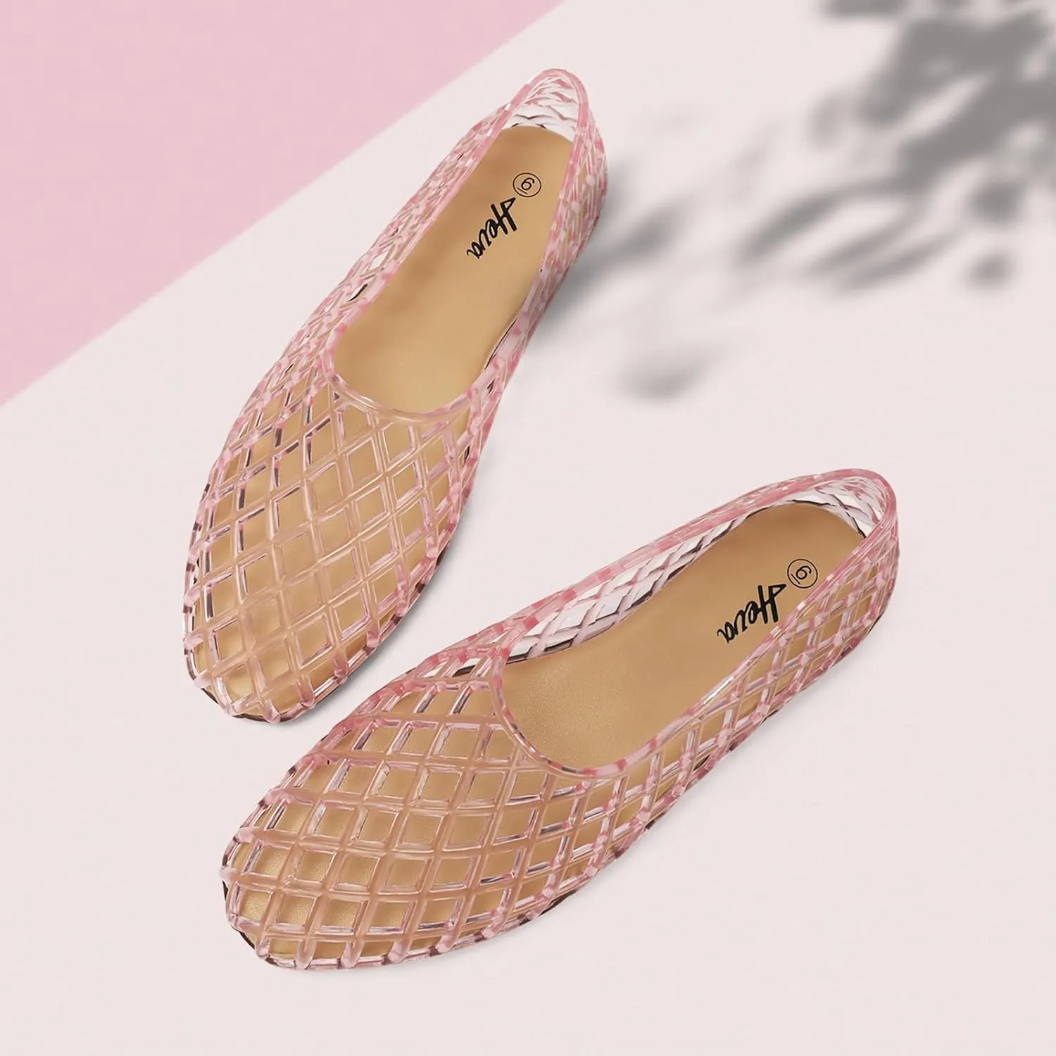 HEVA Women's Jelly Mesh Flats Breathable Clear Hollow Shoes Summer Beach Jellies Ballet Sandals