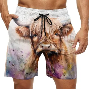 Highland Cow Watercolour Men's Swim Trunks Quick Dry Bathing Suit Swimming Shorts Beach Swimwear