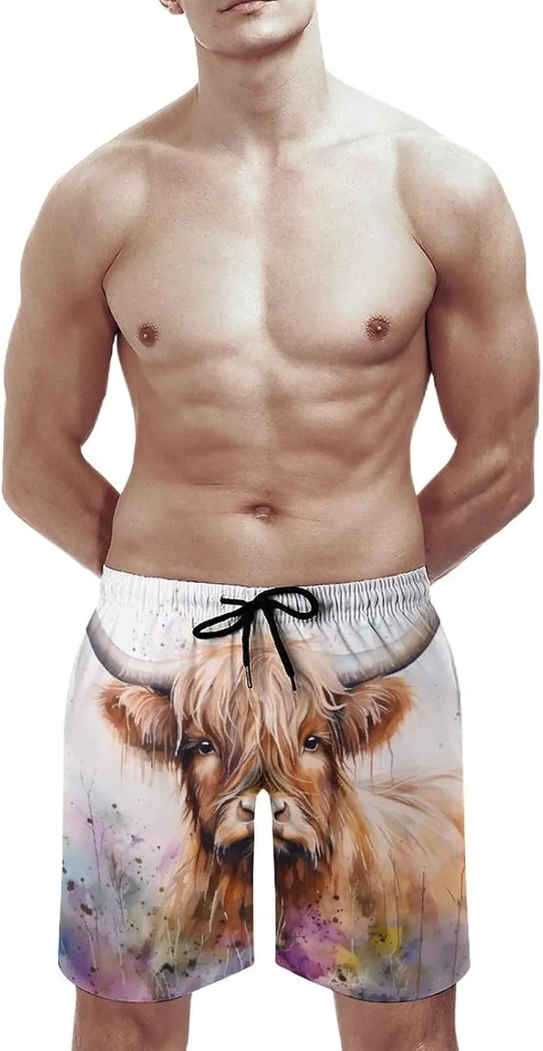 Highland Cow Watercolour Men's Swim Trunks Quick Dry Bathing Suit Swimming Shorts Beach Swimwear