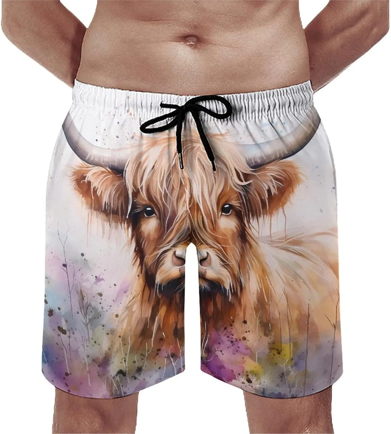 Highland Cow Watercolour Men's Swim Trunks Quick Dry Bathing Suit Swimming Shorts Beach Swimwear