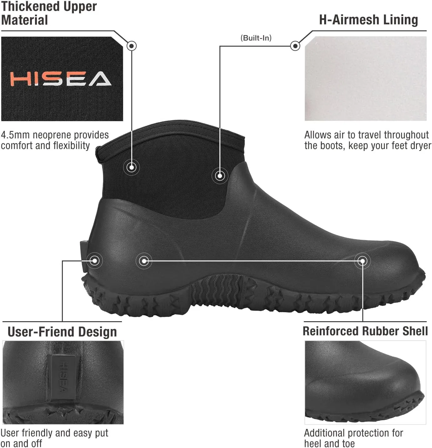 HISEA Men's Rain Boots, Ankle Height Garden Shoes Waterproof Insulated Rubber Neoprene Mud Boots Anti-Slip Outdoor Work Booties for Gardening Farming Camping Fishing and Yard Working