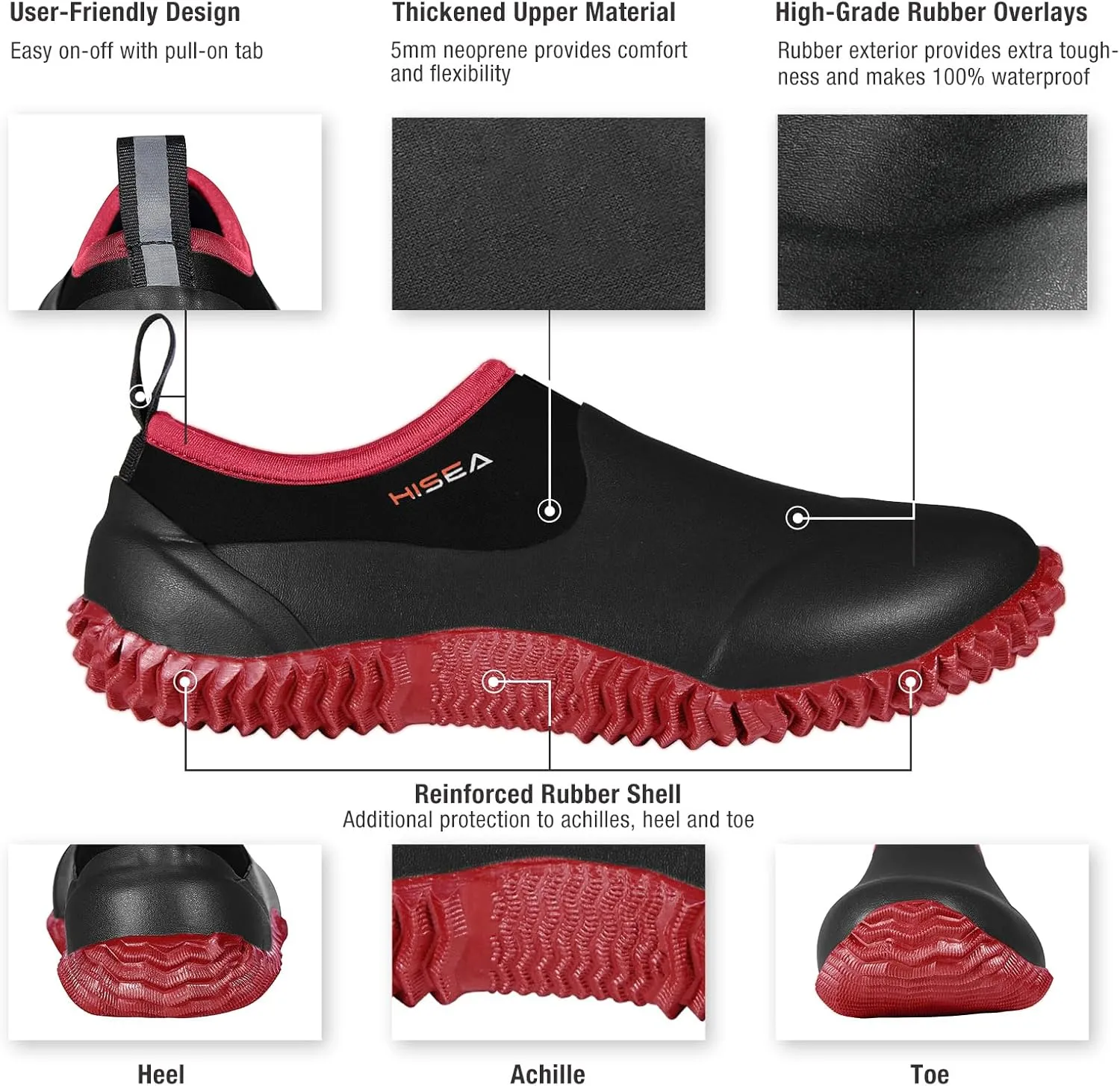 HISEA Unisex Waterproof Garden Shoes, Men's Rubber Rain Boots Women's Ankle Rain Shoes Neoprene Camp Booties Outdoor Slip-On Rain Footwear for Gardening, Farming, Camping, Car Wash, Lawn Care and Yard Work