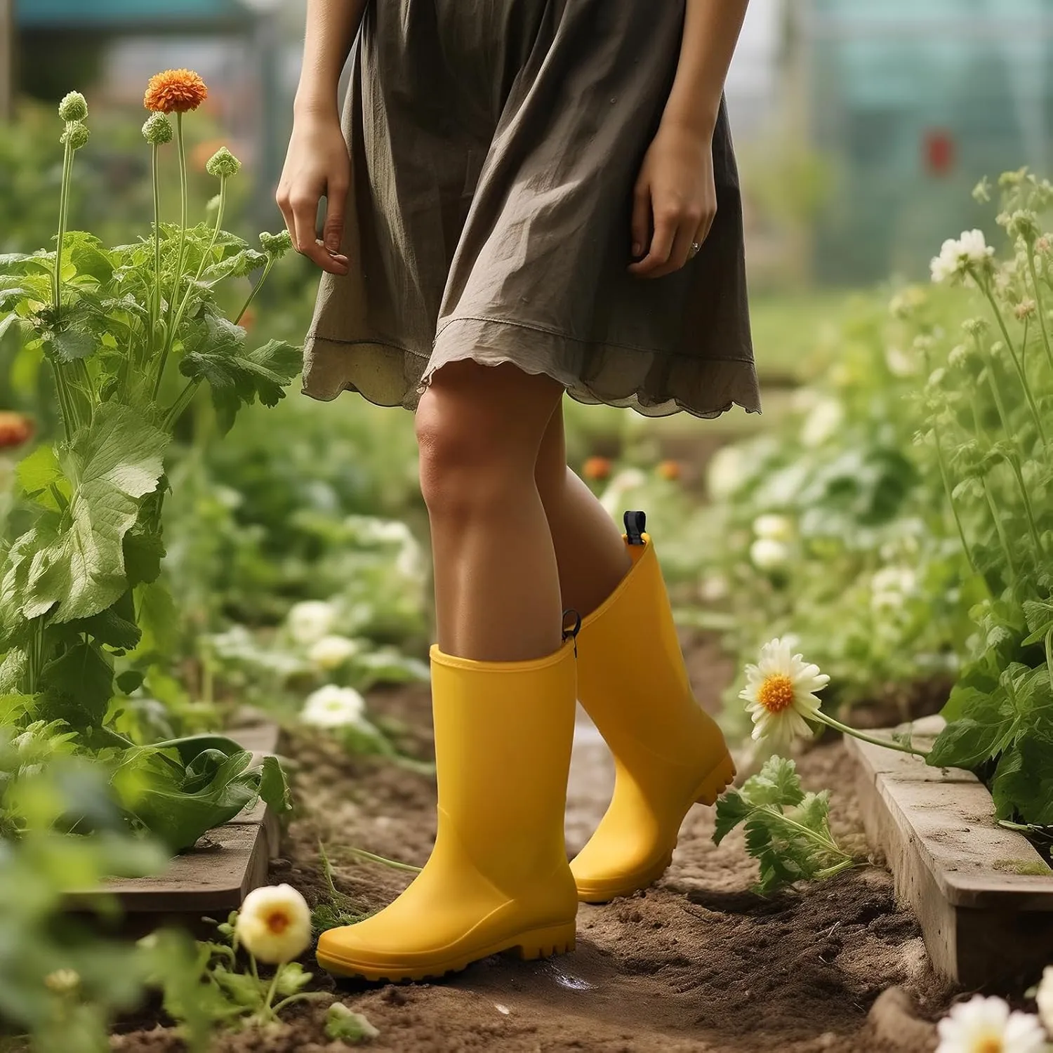 HISEA Women Rubber Boots Wide Calf Rain Boots Matte Surface Waterproof PVC Rubber Rain Boot Mid Height Rain Shoes for Outdoor Gardening Work Walking