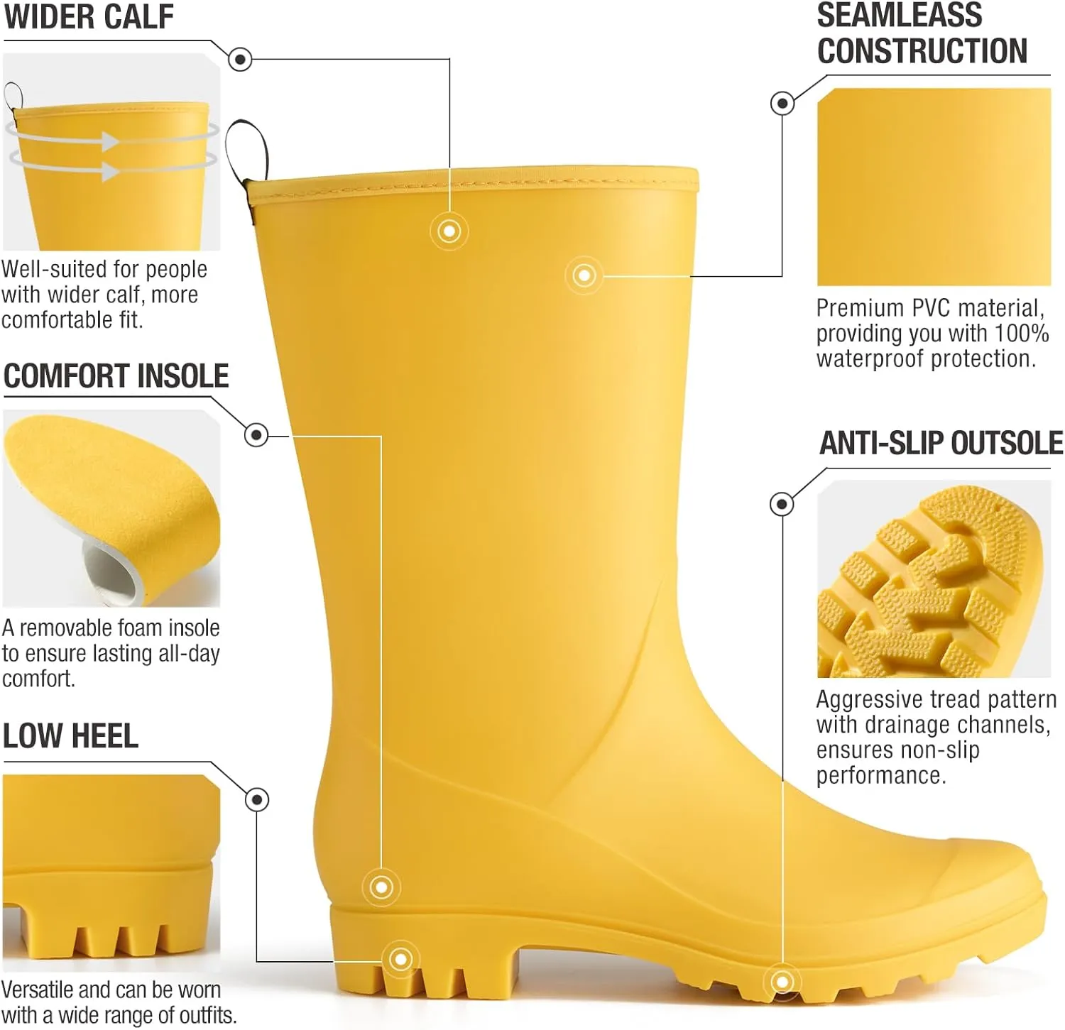HISEA Women Rubber Boots Wide Calf Rain Boots Matte Surface Waterproof PVC Rubber Rain Boot Mid Height Rain Shoes for Outdoor Gardening Work Walking