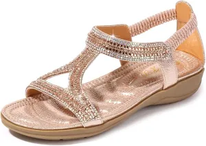 HNGHOU Sandals for Women Flats Shoes with Bohemian Rhinestone Comfortable Womens Beach Sandal Elastic Ankle Strap Slip On Summer Sandal