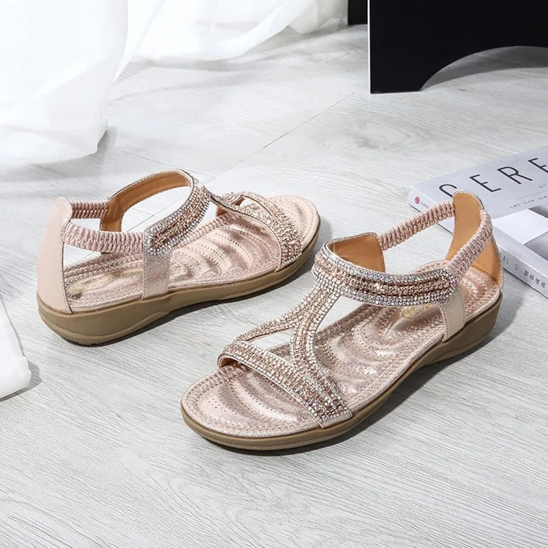 HNGHOU Sandals for Women Flats Shoes with Bohemian Rhinestone Comfortable Womens Beach Sandal Elastic Ankle Strap Slip On Summer Sandal