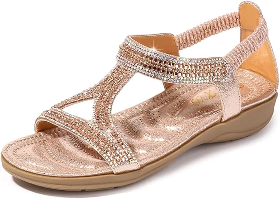 HNGHOU Sandals for Women Flats Shoes with Bohemian Rhinestone Comfortable Womens Beach Sandal Elastic Ankle Strap Slip On Summer Sandal