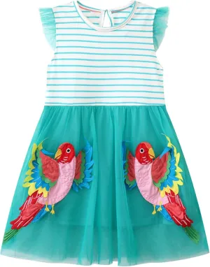 Hongshilian Toddler Girls Casual Cotton Dress Cartoon Appliques Short Sleeve Summer Playwear Dresses