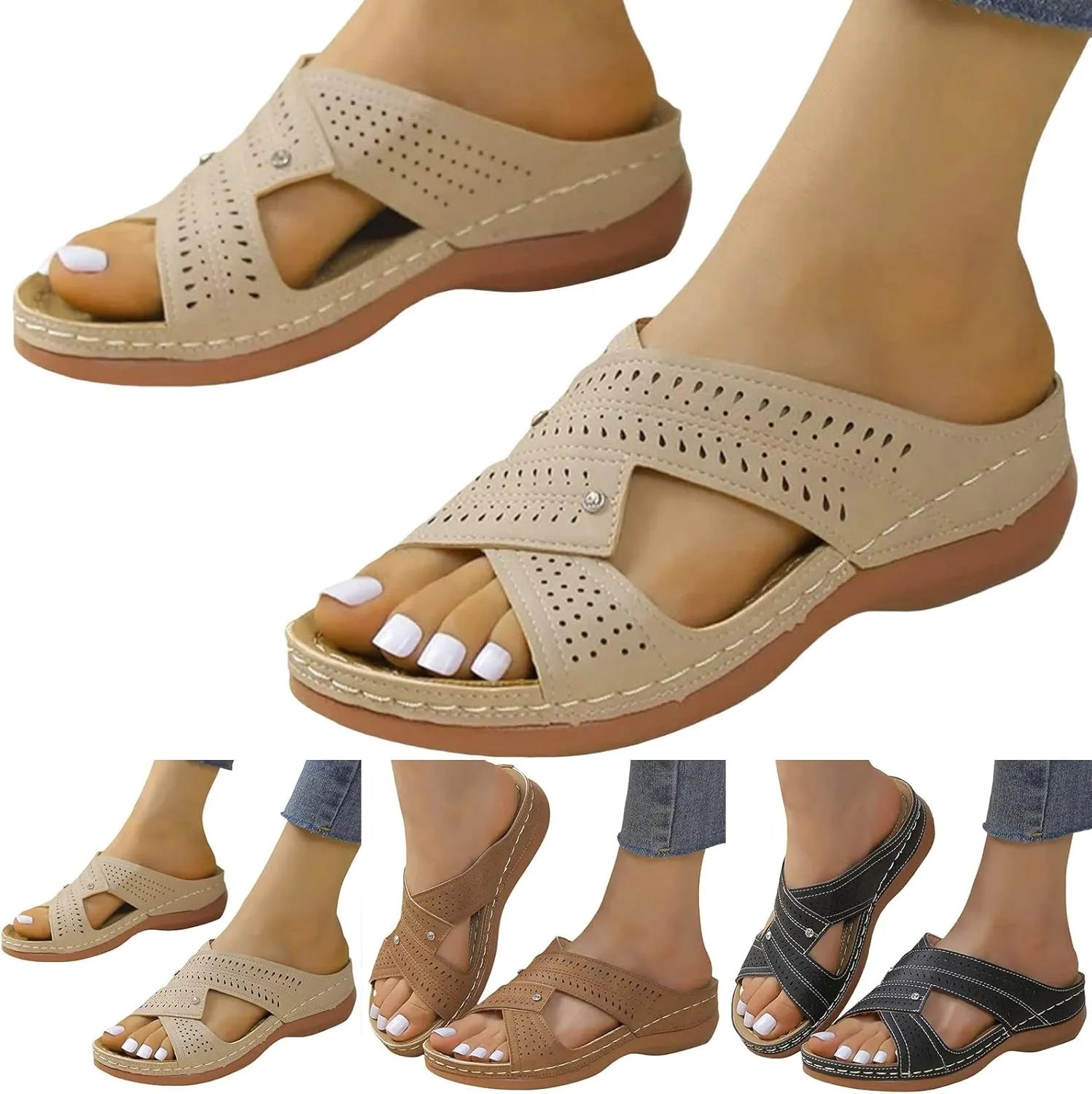 House Shoes with Arch Support for Women Womens Orthopedic Sandals 9 Black Strappy Sandals Wedge Heel Sandals Plantar Fasciitis Dress Shoes Women Sandals for Older Women Comfortable