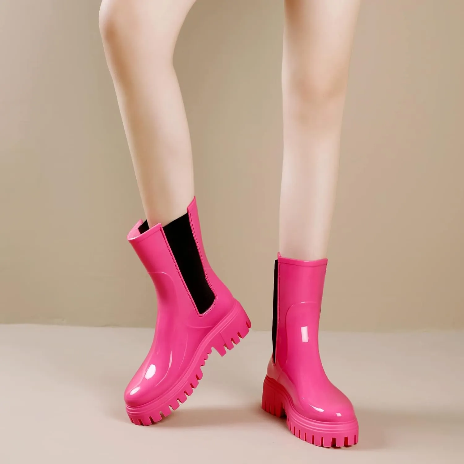 Hsttgsr Rain Boots for Women, Waterproof PVC Rubber Garden Boots Womens Chelsea Boots Short Platfrom Rain Boots, Anti-Slip Elastic Slip On Rainboots Garden Rain Shoes for Yard Farm Outdoor Work