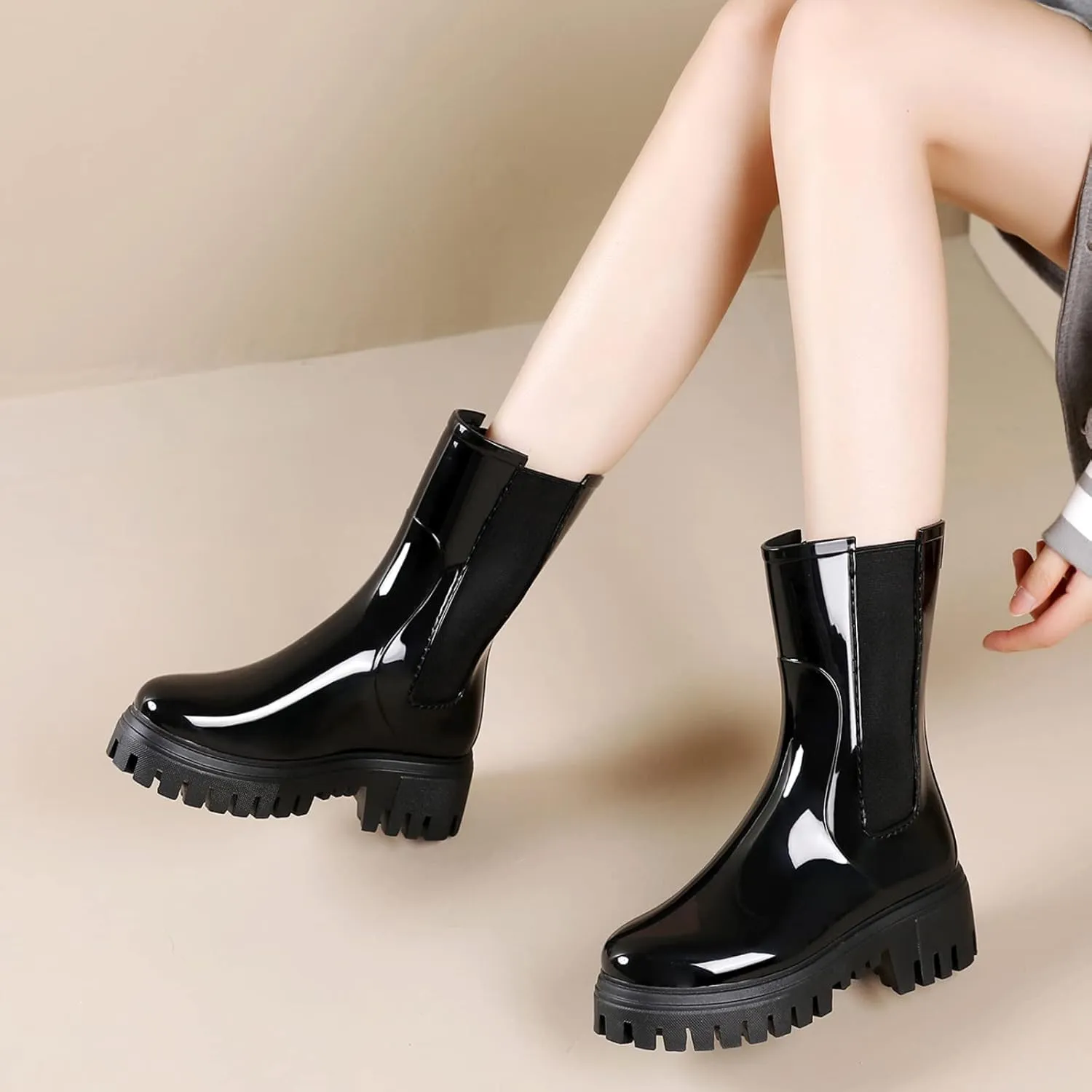Hsttgsr Rain Boots for Women, Waterproof PVC Rubber Garden Boots Womens Chelsea Boots Short Platfrom Rain Boots, Anti-Slip Elastic Slip On Rainboots Garden Rain Shoes for Yard Farm Outdoor Work