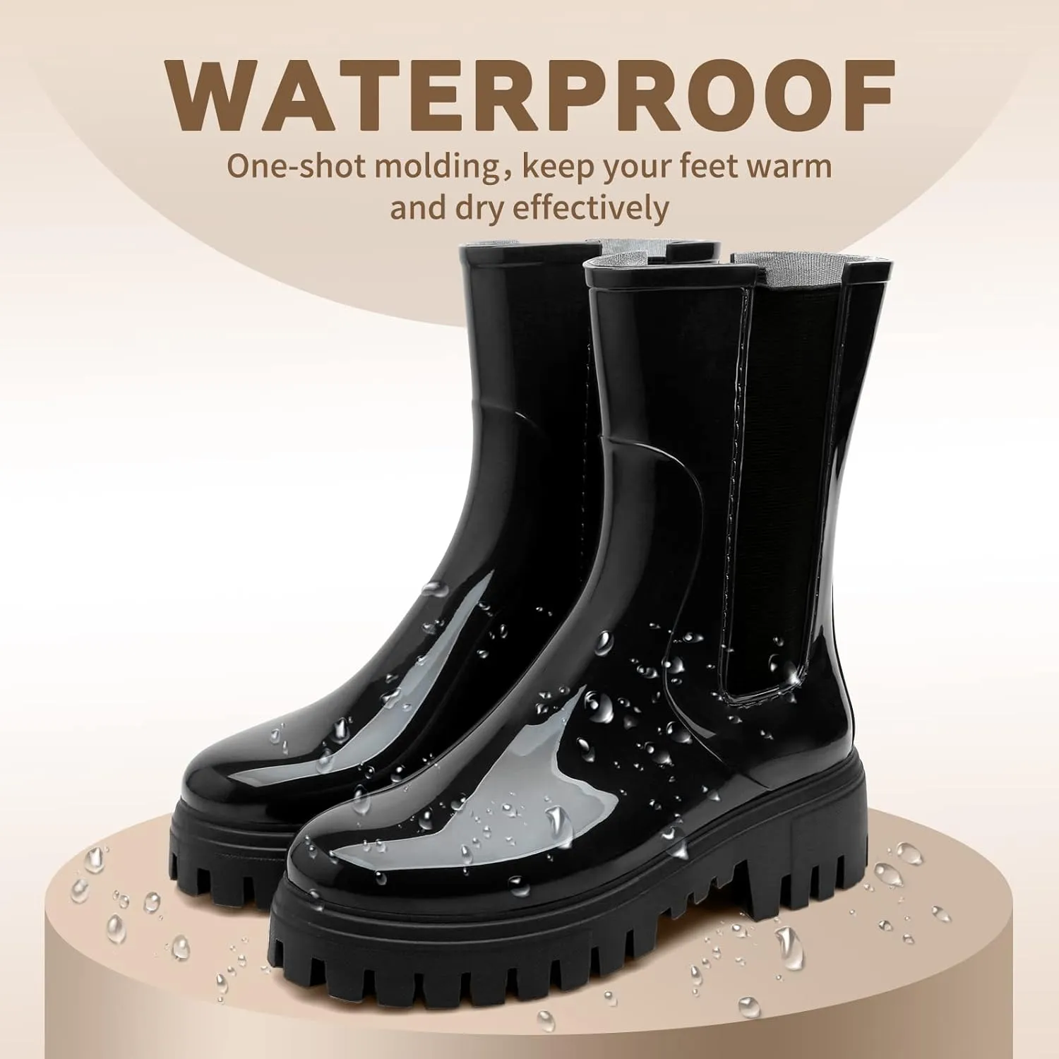 Hsttgsr Rain Boots for Women, Waterproof PVC Rubber Garden Boots Womens Chelsea Boots Short Platfrom Rain Boots, Anti-Slip Elastic Slip On Rainboots Garden Rain Shoes for Yard Farm Outdoor Work