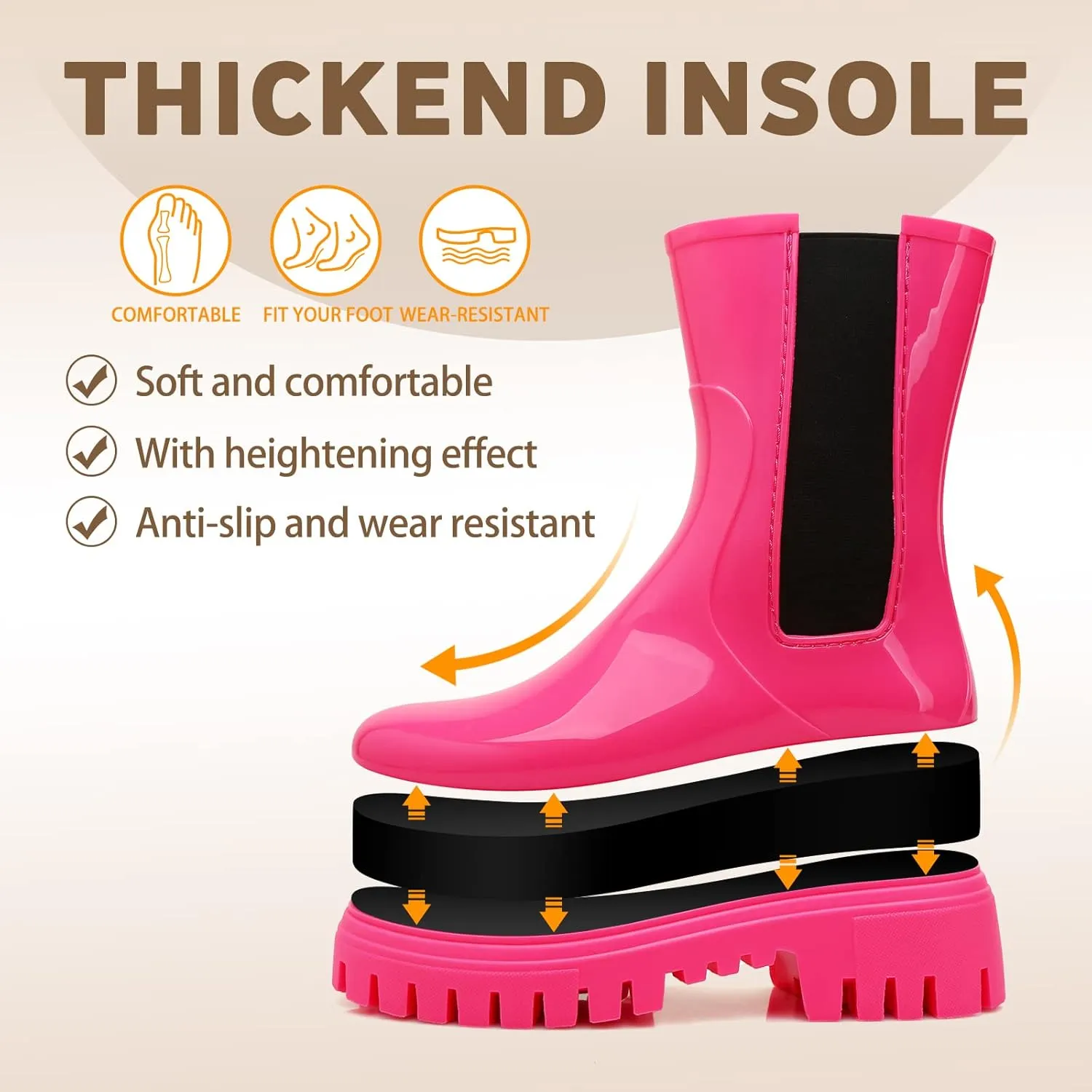Hsttgsr Rain Boots for Women, Waterproof PVC Rubber Garden Boots Womens Chelsea Boots Short Platfrom Rain Boots, Anti-Slip Elastic Slip On Rainboots Garden Rain Shoes for Yard Farm Outdoor Work
