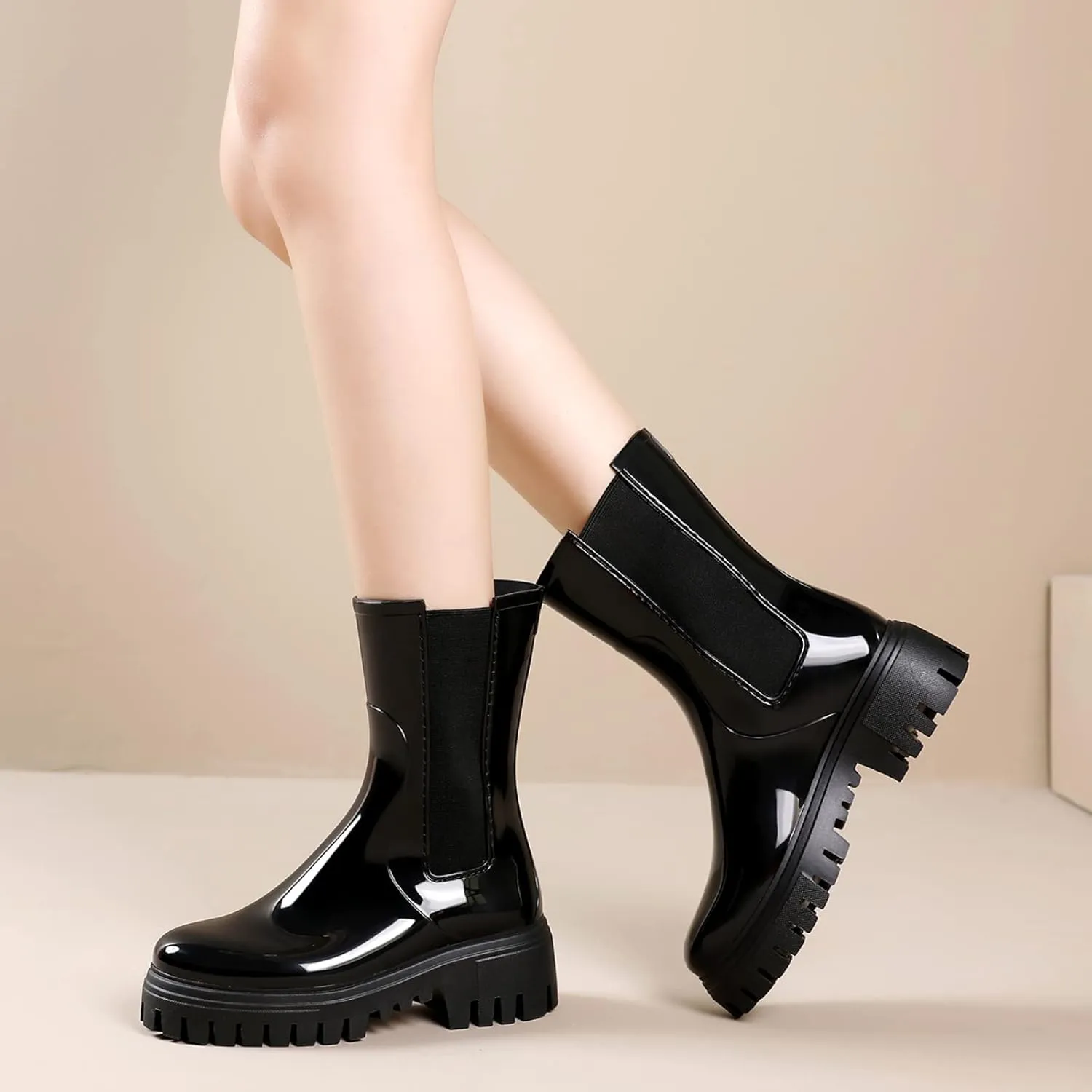 Hsttgsr Rain Boots for Women, Waterproof PVC Rubber Garden Boots Womens Chelsea Boots Short Platfrom Rain Boots, Anti-Slip Elastic Slip On Rainboots Garden Rain Shoes for Yard Farm Outdoor Work