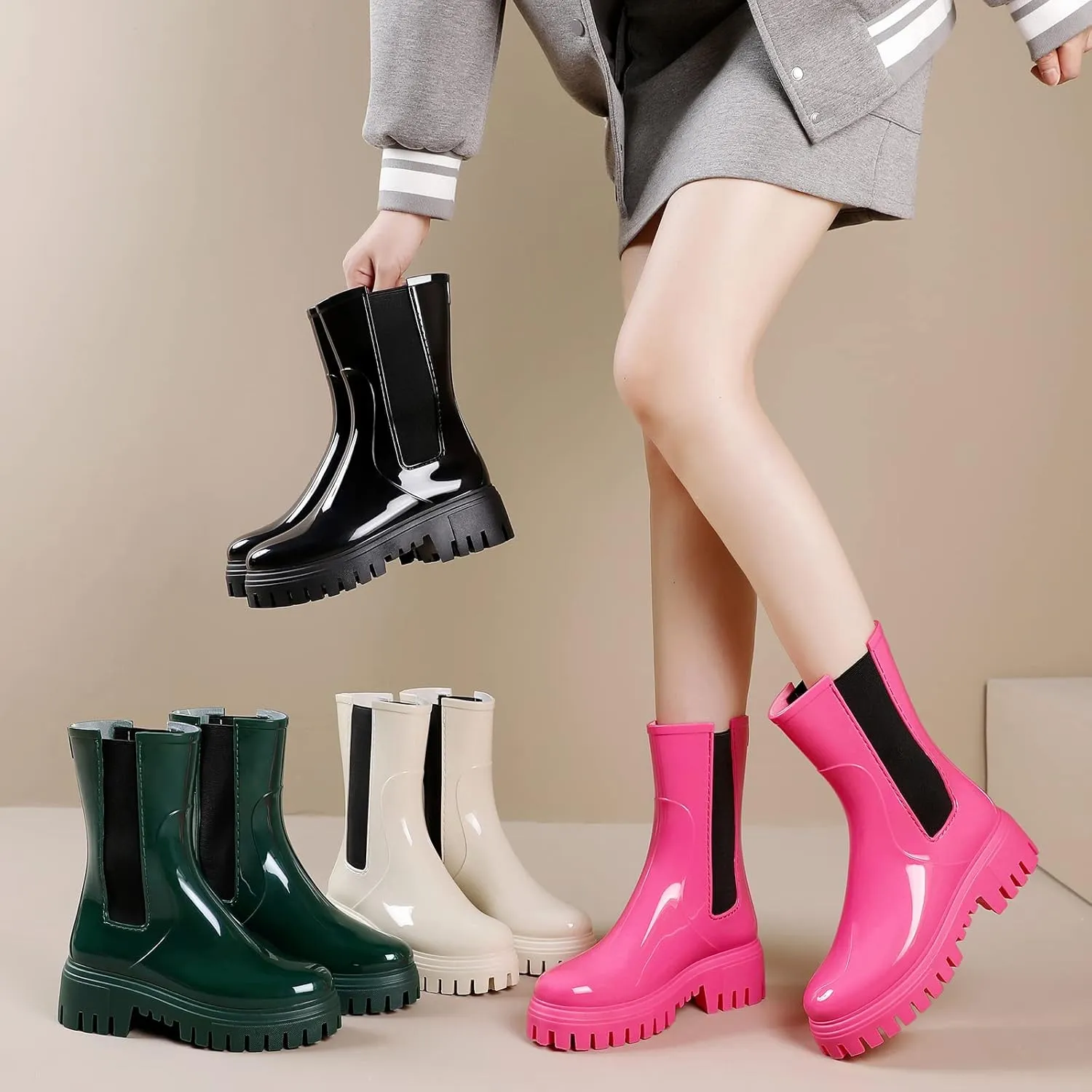 Hsttgsr Rain Boots for Women, Waterproof PVC Rubber Garden Boots Womens Chelsea Boots Short Platfrom Rain Boots, Anti-Slip Elastic Slip On Rainboots Garden Rain Shoes for Yard Farm Outdoor Work