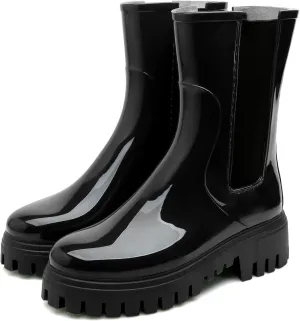 Hsttgsr Rain Boots for Women, Waterproof PVC Rubber Garden Boots Womens Chelsea Boots Short Platfrom Rain Boots, Anti-Slip Elastic Slip On Rainboots Garden Rain Shoes for Yard Farm Outdoor Work