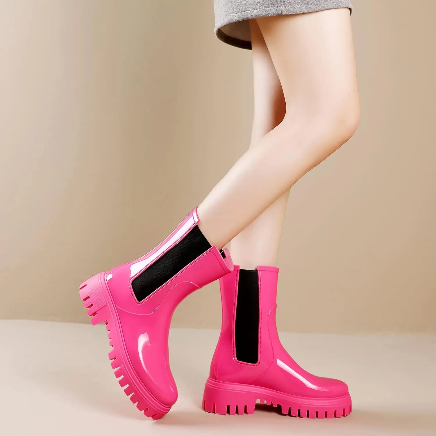 Hsttgsr Rain Boots for Women, Waterproof PVC Rubber Garden Boots Womens Chelsea Boots Short Platfrom Rain Boots, Anti-Slip Elastic Slip On Rainboots Garden Rain Shoes for Yard Farm Outdoor Work