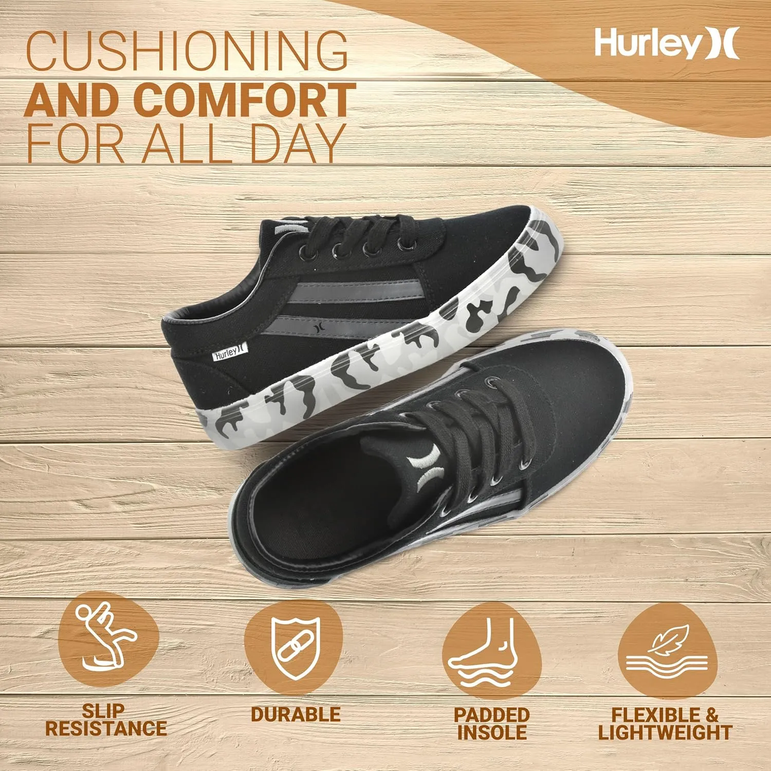 Hurley Boardy Kids Lace Up Canvas Sneakers – Low Cut Skateboarding Shoes for Kids, Sports Shoes for Boys and Girls