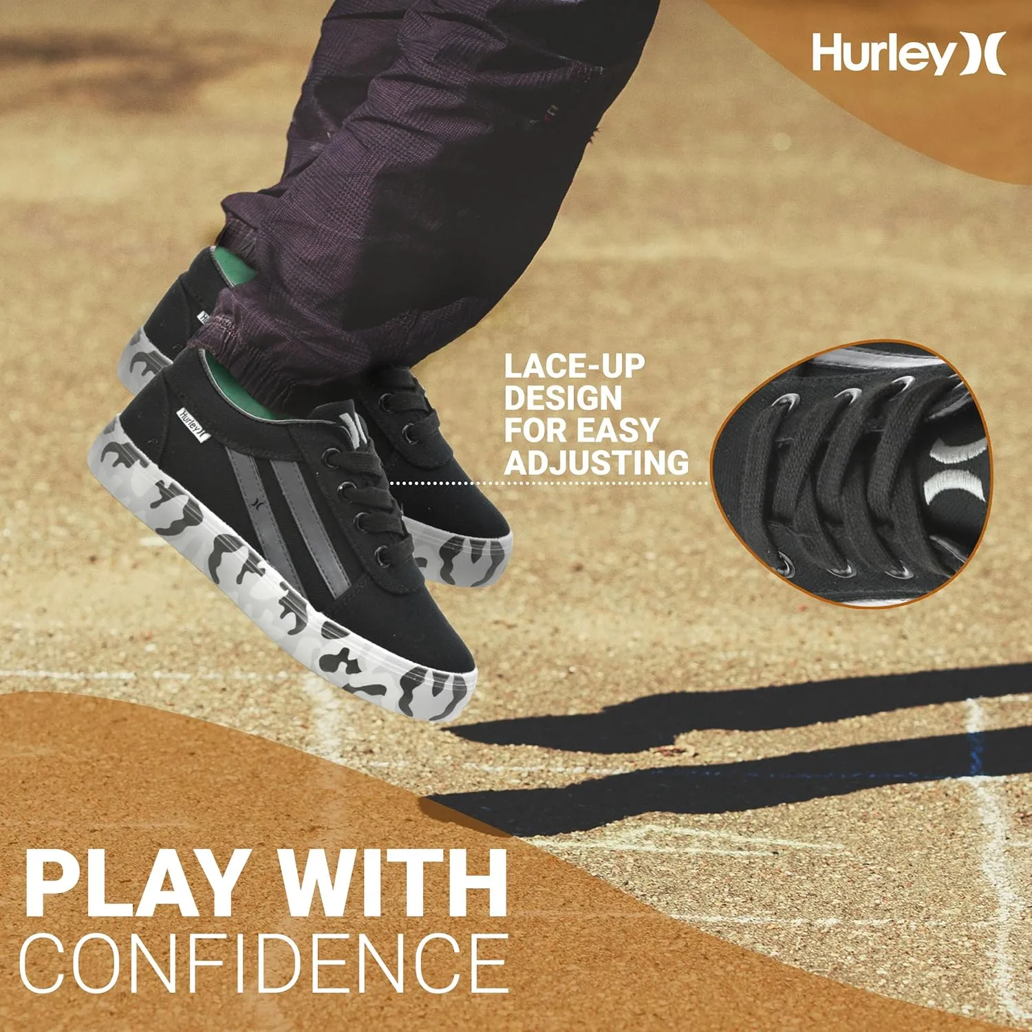 Hurley Boardy Kids Lace Up Canvas Sneakers – Low Cut Skateboarding Shoes for Kids, Sports Shoes for Boys and Girls