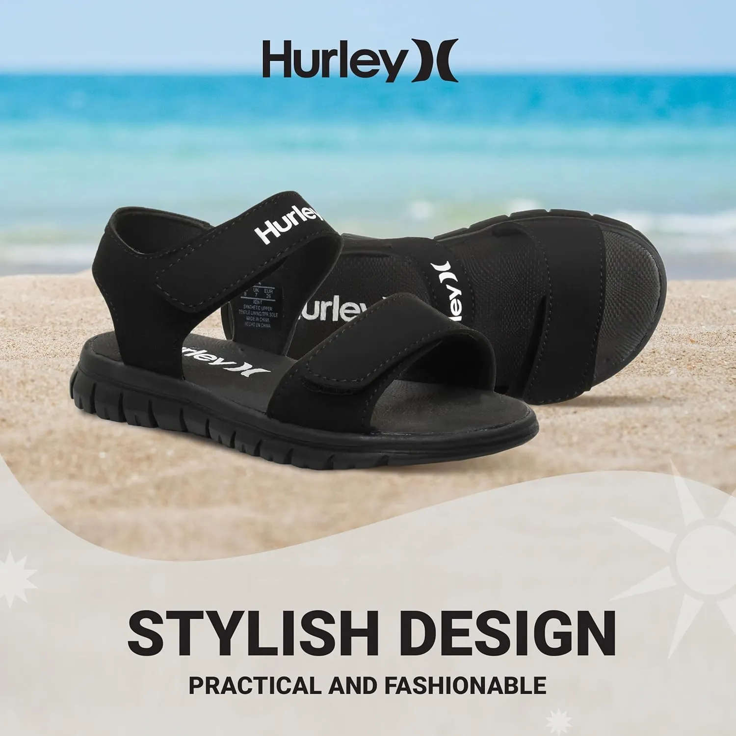 Hurley kids and toddlers Ken Sandals, for Boys and Girls, Kid's Lightweight Open Toe Sandals, Beach Sandals with Adjustable straps, for Outdoors, Water Play and Pool