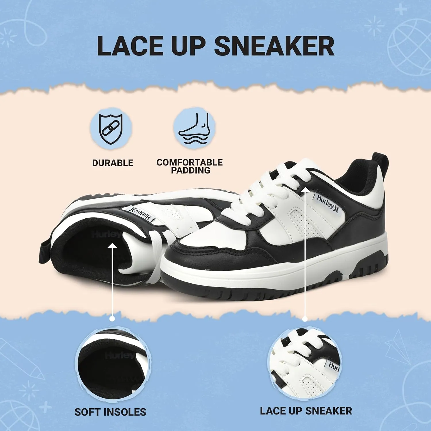 Hurley Kids' Jason Low Cut Sneakers, Lace Up Sneaker Shoes for Kids, Sports Shoes for Boys and Girls, Padded Sneakers with Durable Outsoles, Basketball Shoes for Kids