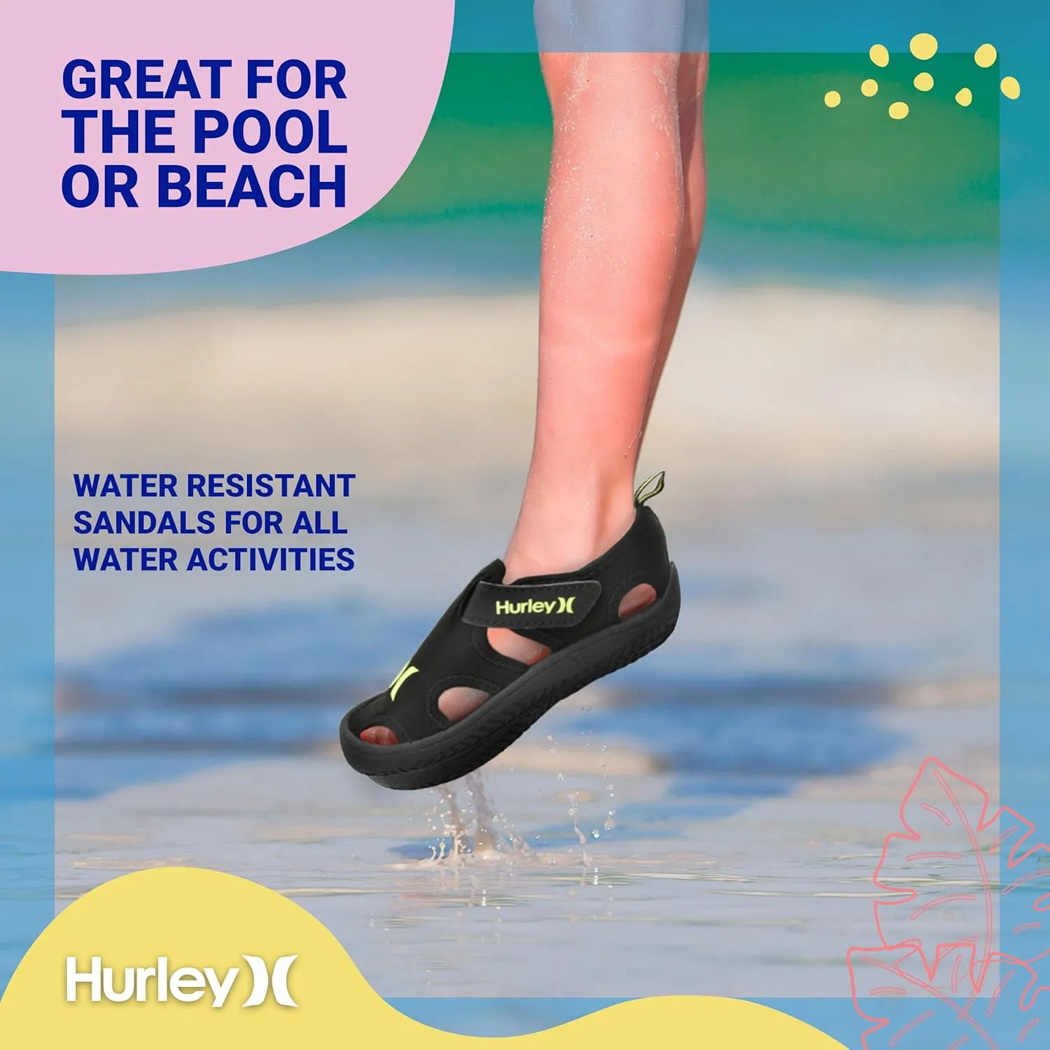 Hurley Kona Toddler Water Shoes - Beach Essentials, Girls and Boys Closed Toe Sandals, Lightweight, Breathable, Kids Water Shoes with Non-Slip Sole and Adjustable Straps, Outdoor Toddler Swim Shoes
